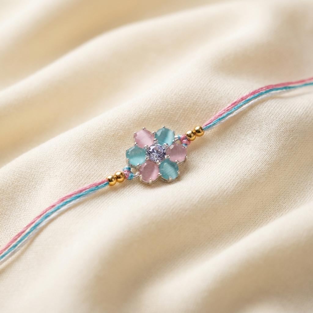 Pastel Pink & Blue Floral Stone Rakhi Thread - selfie to print