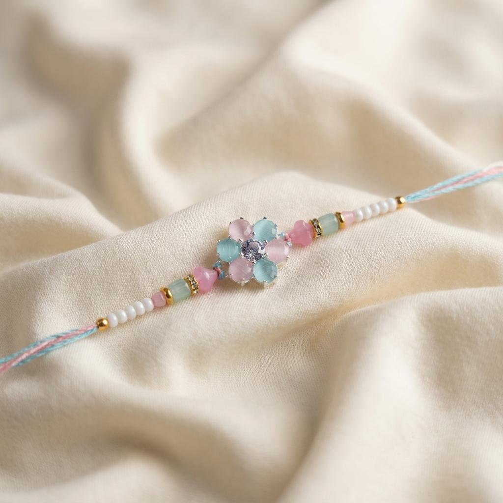 Pastel Pink & Blue Floral Stone Rakhi Thread - selfie to print