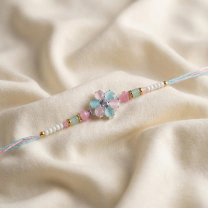 Pastel Pink & Blue Floral Stone Rakhi Thread - selfie to print