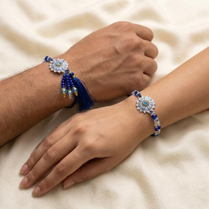 Premium Blue Floral Bhai Bhabhi Rakhi Set with Tassel & Beads - selfie to print
