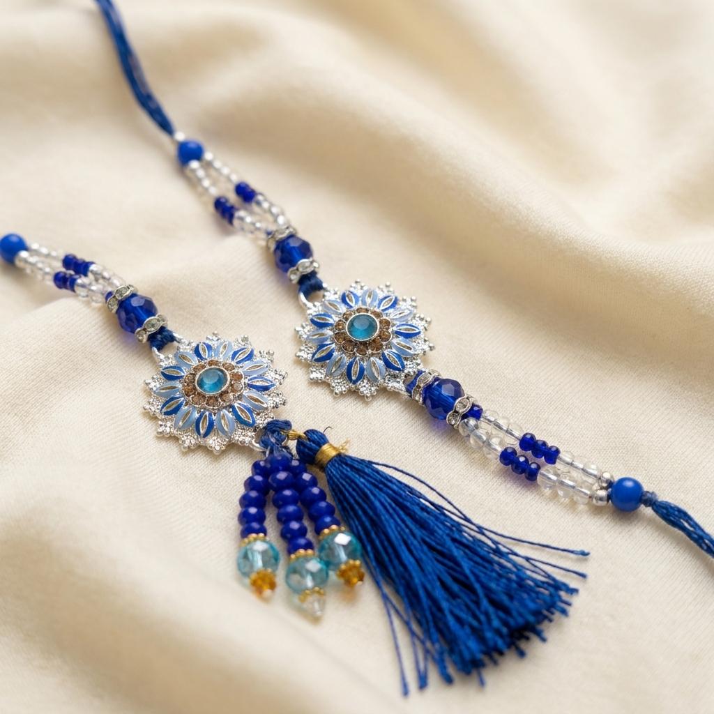 Premium Blue Floral Bhai Bhabhi Rakhi Set with Tassel & Beads - selfie to print