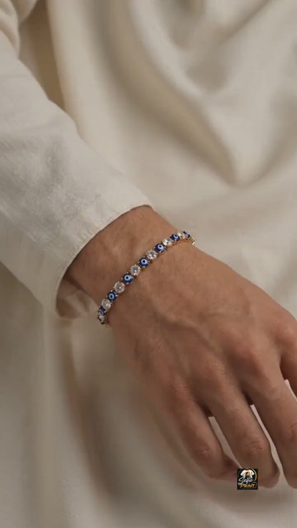 Tennis Style Evil Eye Crystal Gold Rakhi Bracelet for Bhai Bahen