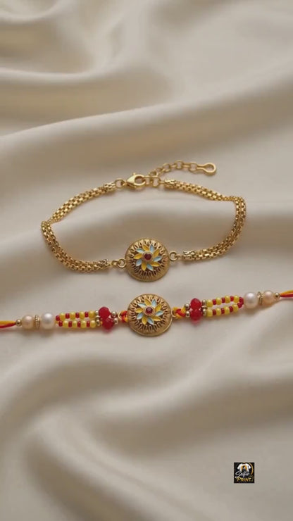Handmade Floral Enamel Couple Rakhi Set for Bhaiya Bhabhi