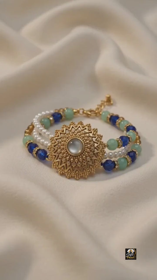 Gold Mandala Charm Adjustable Pearl Bead Rakhi