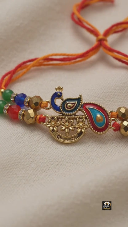 Premium Handcrafted Peacock Motif Rakhi with Colorful Beads