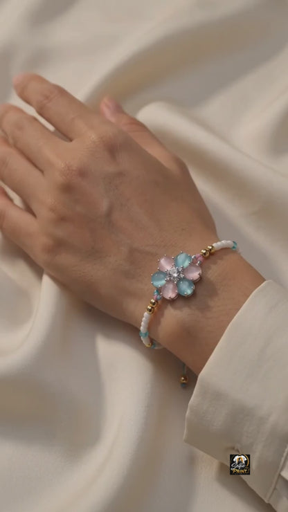 Pastel Pink & Blue Floral Stone Rakhi Thread