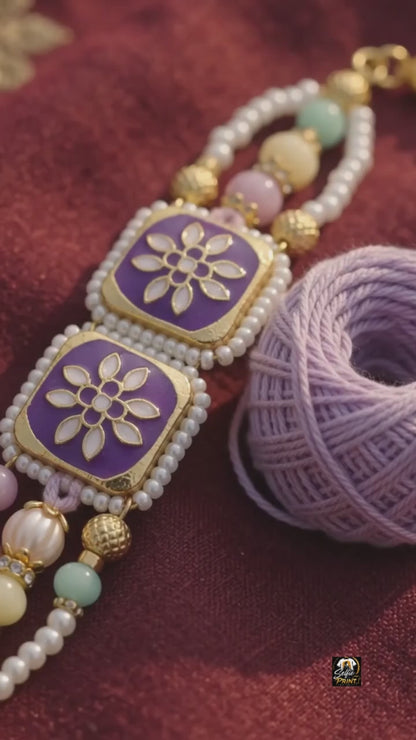 Purple Floral Twin Motif Pearl Rakhi with Pastel Bead Tassels
