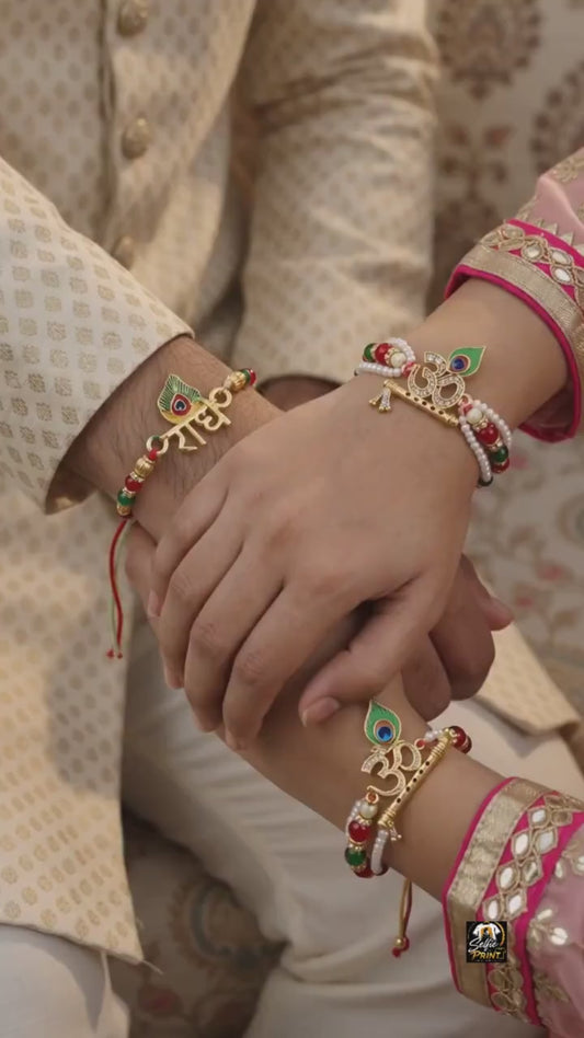 Divine Radhe Om Couple Rakhi Set with Gold Tone & Enamel Beads