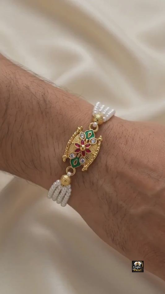 Antique Gold Enamel Floral Triple Pearl Rakhi Bracelet