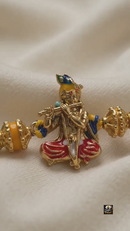 Divine Lord Krishna Flute Rakhi with Gold & Multicolor Beads