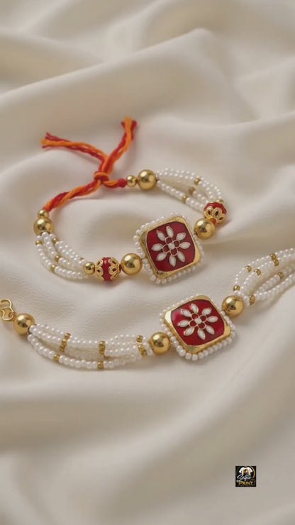 Royal Gold & Red Enamel Floral Couple Rakhi Set with Bracelet