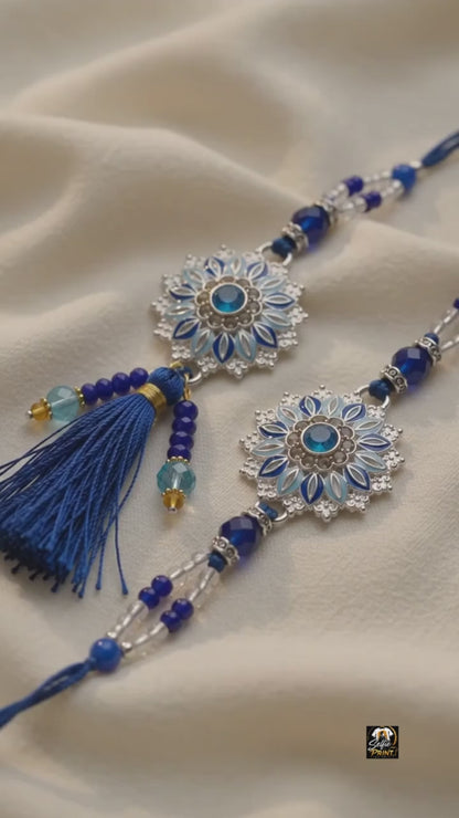 Premium Blue Floral Bhai Bhabhi Rakhi Set with Tassel & Beads