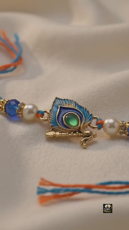 Elegant Krishna Bansuri & Mor Pankh Rakhi with Blue Beads