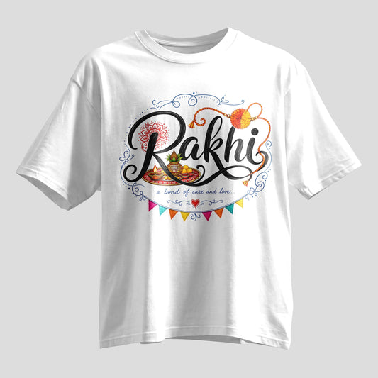 Rakhi typography oversized T-shirt with mandala and rakhi thread print, white and black