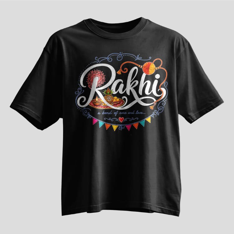 Rakhi typography oversized T-shirt with mandala and rakhi thread print, white and black