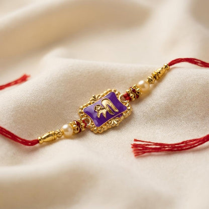 Sacred 'Shree' Gold Rakhi with Purple Enamel & Pearl Beads - selfie to print