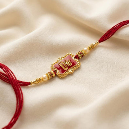 Sacred 'Shree' Gold Rakhi with Purple Enamel & Pearl Beads - selfie to print