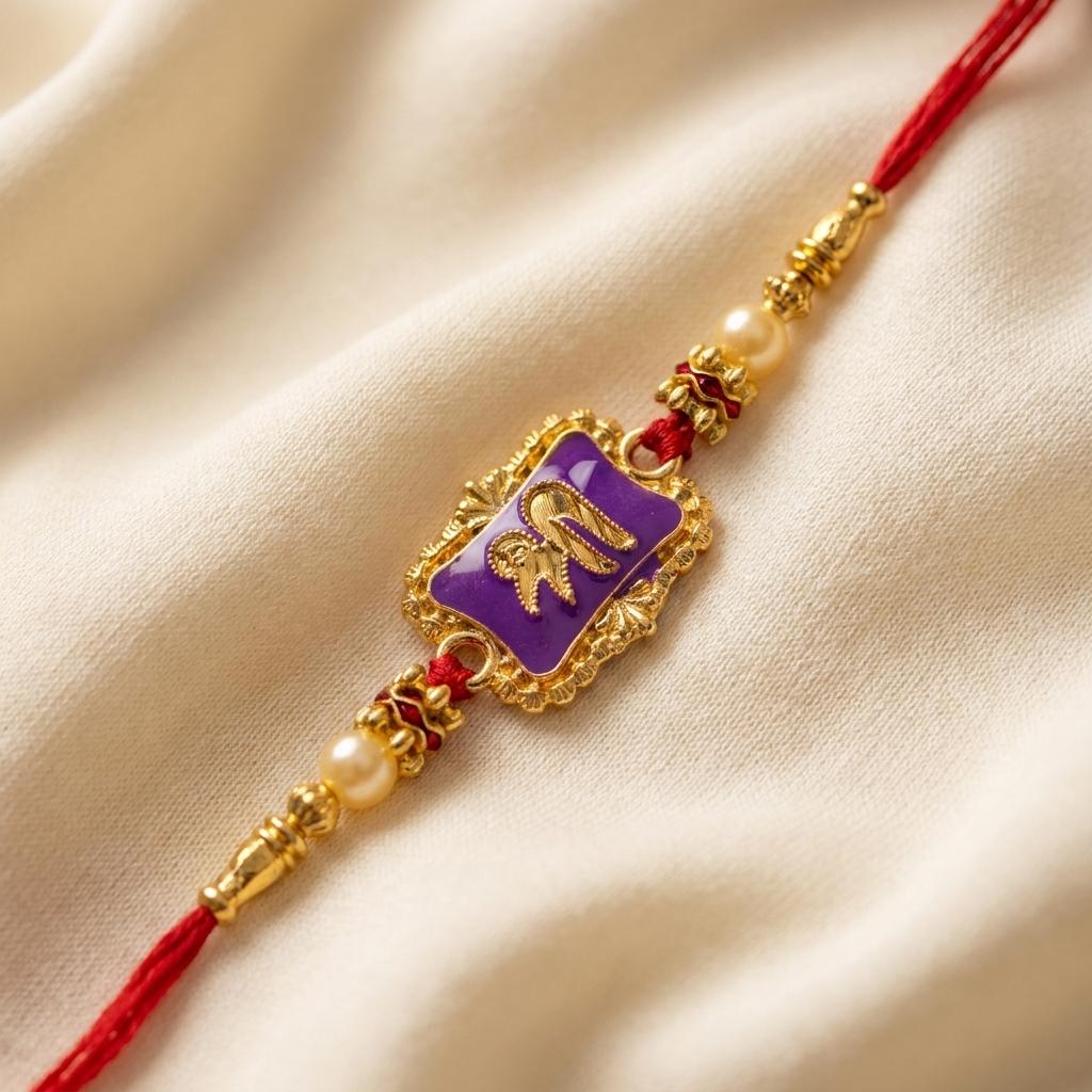 Sacred 'Shree' Gold Rakhi with Purple Enamel & Pearl Beads - selfie to print
