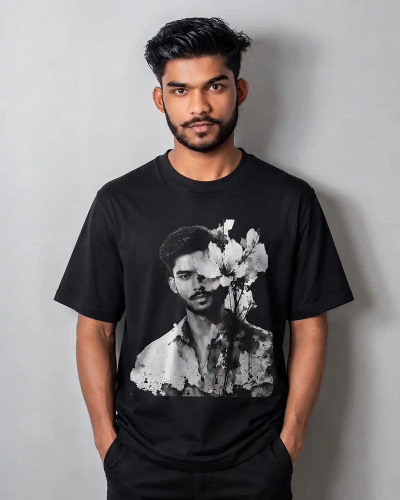 Man and woman wearing custom Selfie to Print t-shirts with personalized photo art designs – upload your selfie and wear your vibe