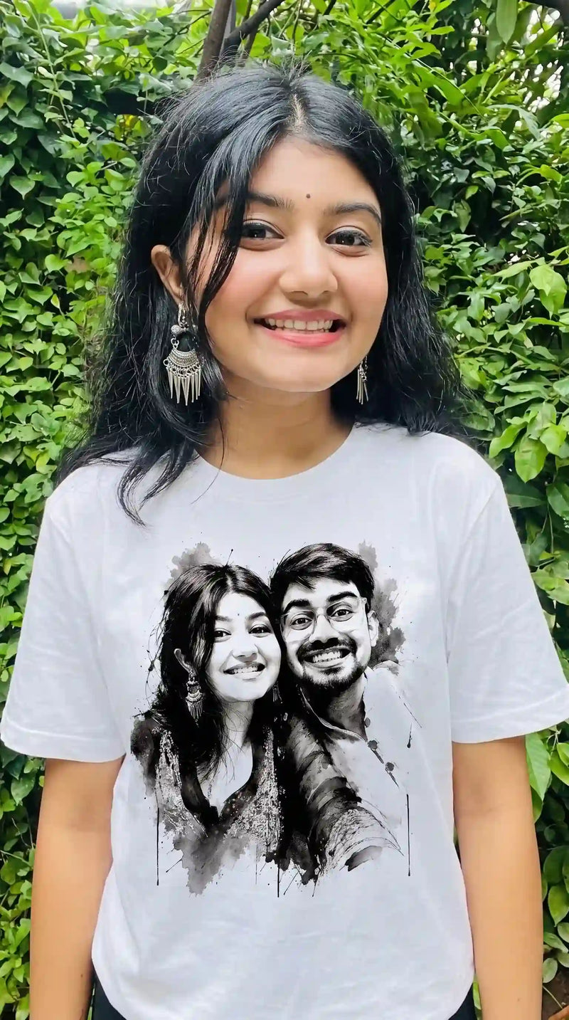 Man and woman wearing custom Selfie to Print t-shirts with personalized photo art designs – upload your selfie and wear your vibe