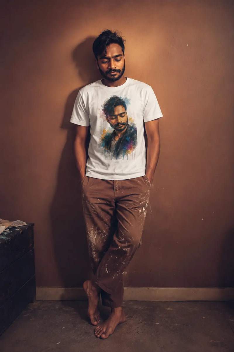 Man and woman wearing custom Selfie to Print t-shirts with personalized photo art designs – upload your selfie and wear your vibe