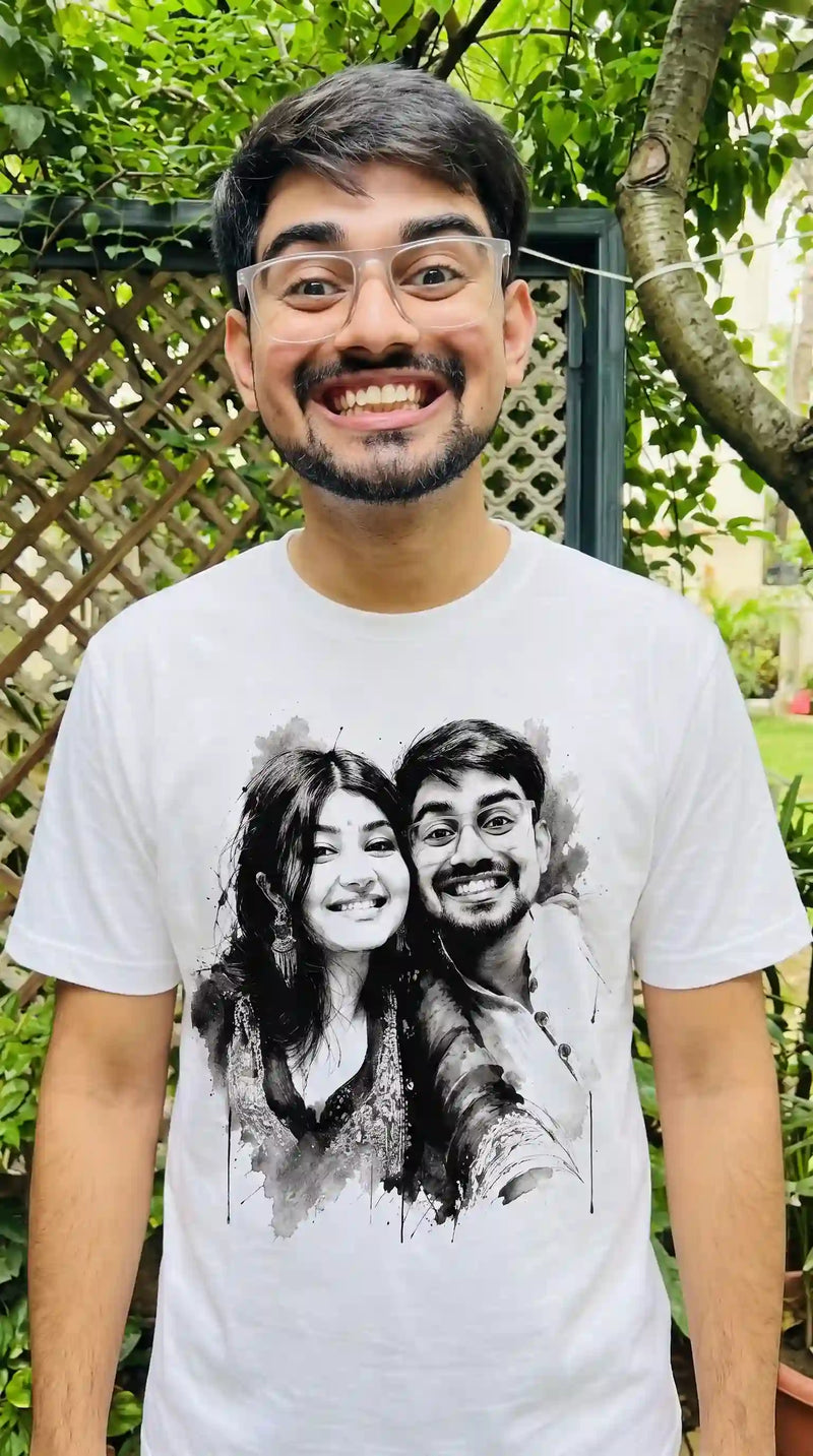 Man and woman wearing custom Selfie to Print t-shirts with personalized photo art designs – upload your selfie and wear your vibe